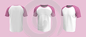 Men`s short-sleeve raglan t-shirt mockup in front, side and back views, design presentation for print, 3d illustration