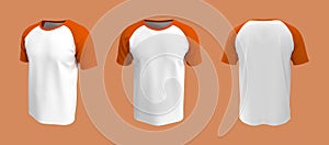 Men`s short-sleeve raglan t-shirt mockup in front, side and back views, design presentation for print, 3d illustration, 3d