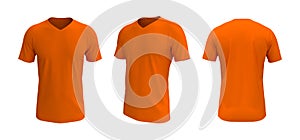 Men`s short sleeve t-shirt mockup in front, side and back views, design presentation for print, 3d illustration