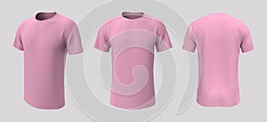 Men`s short- sleeve t-shirt mockup in front, side and back views, design presentation for print, 3d illustration