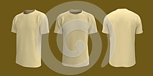 Men`s short-sleeve t-shirt mockup in front, side and back views, design presentation for print, 3d illustration