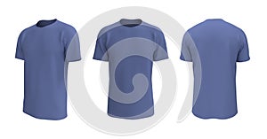 Men`s short-sleeve t-shirt mockup in front, side and back views, design presentation for print, 3d illustration