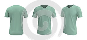 Men`s short sleeve t-shirt mockup in front, side and back views, design presentation for print, 3d illustration