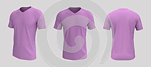 Men`s short-sleeve t-shirt mockup in front, side and back views, design presentation for print, 3d illustration