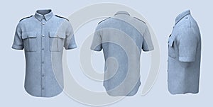 Men`s short sleeves military shirt mockup in front, side and back views.