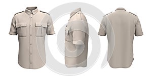 Men`s short sleeves military shirt mockup in front, side and back views