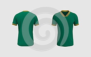 Men`s soccer t-shirt mockup in front, side and back views, design presentation for print, 3d illustration