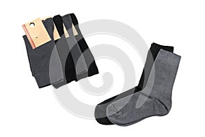 Men`s socks in black and gray on a white background