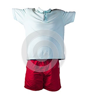 Men`s sports shorts and a T-shirt with a button-down collar isolated on a white background