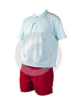 Men`s sports shorts and a T-shirt with a button-down collar isolated on a white background