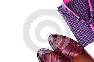 Men`s stylish shoes and shirt on a white background