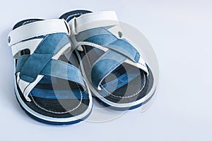 Men`s summer shoes isolated on white background. Sandals for men and boys. Front view. Space for text