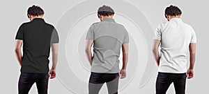 Men`s t-shirt mockup on a man, back view, blank white, gray, black polo, for design and pattern presentation