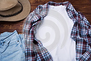 Men T-shirt mockup with plaid shirt and hat