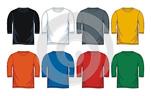 Men`s three-quarter round neck t-shirt templates, Front views.