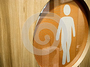 Men`s Toilet Sign on a Wooden Bathroom Door.