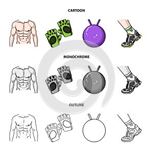 Men`s torso, gymnastic gloves, jumping ball, sneakers. Fitnes set collection icons in cartoon,outline,monochrome style