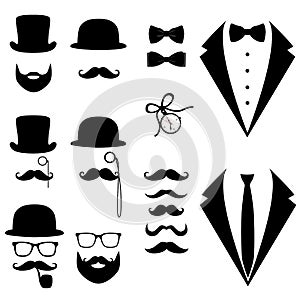 Men`s tuxedo. Mustache, glasses, beard, pipe and top hat.