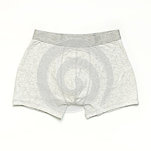 Men`s underwear, gray underpants on white background flat lay top view copy space. Fashion blog, natural underwear, advertising,