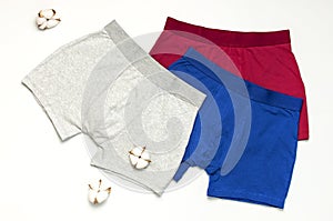 Men`s underwear, set of multi-colored underpants and cotton flowers on white background flat lay top view copy space. Fashion blo