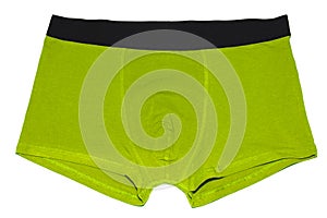 Men`s underwear. Yellow boxer briefs isolated on white background. Monochrome mens briefs boxers