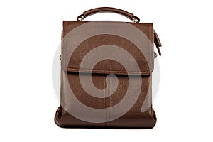 Men`s vintage bag in brown color in a retro style with an unfastened strap isolated on a white background.