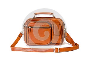 Men`s vintage bag in orange color in a retro style with a fastened strap isolated on a white background