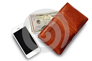 Men`s Wallet with Dollar cash and Mobile phone.