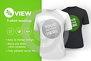 Men`s white and black t-shirt with short sleeve mockup. Front view