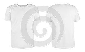 Men`s white blank T-shirt template,from two sides, natural shape on invisible mannequin, for your design mockup for print, isolat