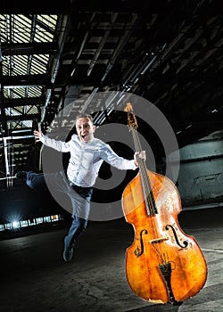 Men's white shirt with double bass player