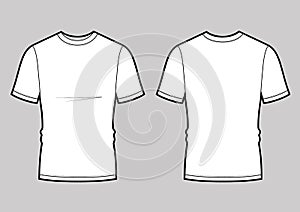 Men`s white short sleeve t-shirt design templates front, back views. Vector illustration