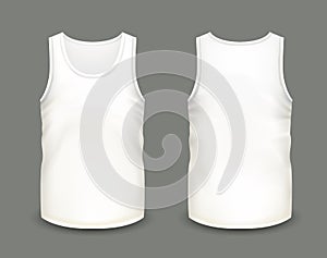 Men`s white sleeveless tank in front and back views. Vector illustration with realistic male shirt template.