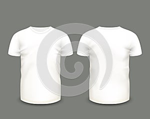 Men's white t-shirt short sleeve in front and back views. Vector template. Fully editable handmade mesh