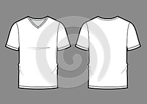 Men`s white V-neck t-shirt design templates front, back views. Vector illustration