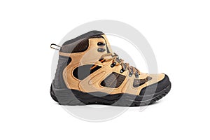 Men`s winter boots beige for expeditions of travel isolated on a white background