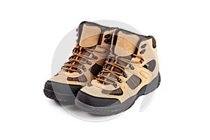 Men`s winter boots beige for expeditions of travel isolated on a white background