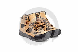 Men`s winter boots beige for expeditions of travel isolated on a white background