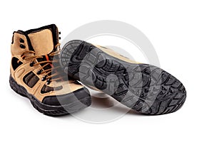 Men`s winter boots beige for expeditions of travel  on a white background