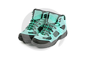 Men`s winter boots blue for expeditions of travel isolated on a white background