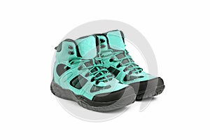 Men`s winter boots blue for expeditions of travel isolated on a white background