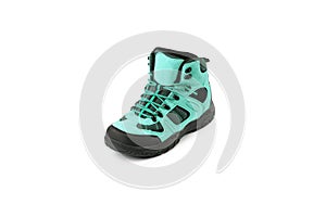 Men`s winter boots blue for expeditions of travel isolated on a white background