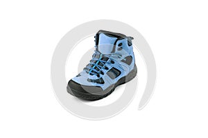 Men`s winter boots blue for expeditions of travel isolated on a white background