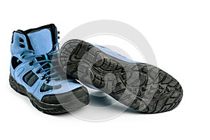 Men`s winter boots blue for expeditions of travel isolated on a white background