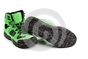 Men`s winter boots green for expeditions of travel isolated on a white background