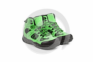 Men`s winter boots green for expeditions of travel isolated on a white background