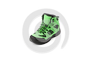 Men`s winter boots green for expeditions of travel isolated on a white background