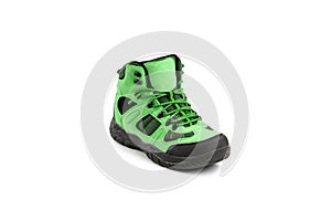 Men`s winter boots green for expeditions of travel isolated on a white background