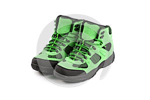 Men`s winter boots green for expeditions of travel isolated on a white background