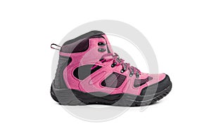 Men`s winter boots pink for expeditions of travel isolated on a white background